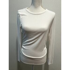 DKNY Sport Women's White Ruched Long Sleeve Top Shirt Blouse Round Neck Medium